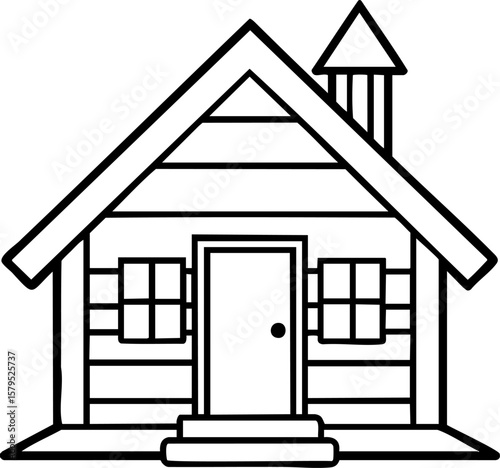Simple house outline with chimney and windows, cozy home design with door and steps, minimalistic black line art style