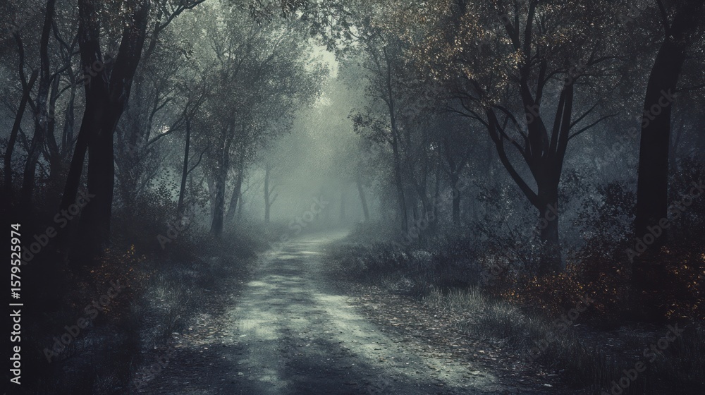 Obraz premium A dimly lit, winding forest path vanishes into a dense, fog-laden wood under a muted sky; autumnal foliage hints at the season