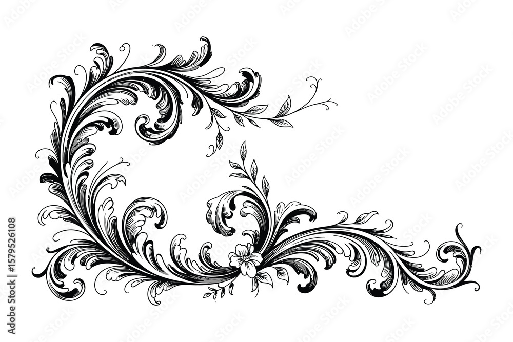 Fototapeta premium Black and white ornate floral corner flourish design
