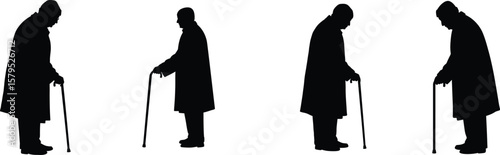 Silhouettes of Elderly Individuals Walking with Canes Expressing Frailty and Age Related Mobility Challenges in Monochromatic Vector Graphic
