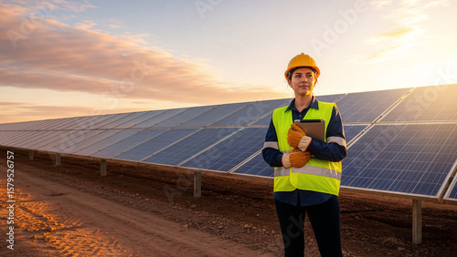 Female engineer at a solar power plant with tablet in hand, renewable energy technician in helmet and safety vest, sustainable technology and green energy innovation concept