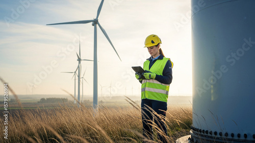 Female engineer wearing safety gear inspecting wind turbines with digital tablet, renewable energy farm technology in rural field, sustainable power generation industry concept