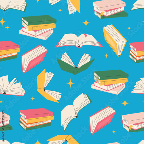 Book stack. Cute seamless book pattern. Flat style reading back to school pattern. Open book 