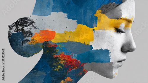 Symbolic abstraction of a woman's profile intertwined with vibrant colors and textures representing natural landscapes