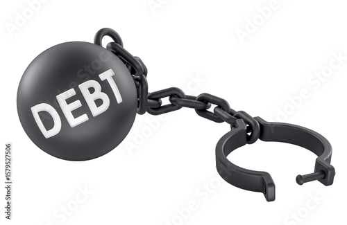 Debt concept, ball and chain shackle. 3D rendering isolated on transparent background