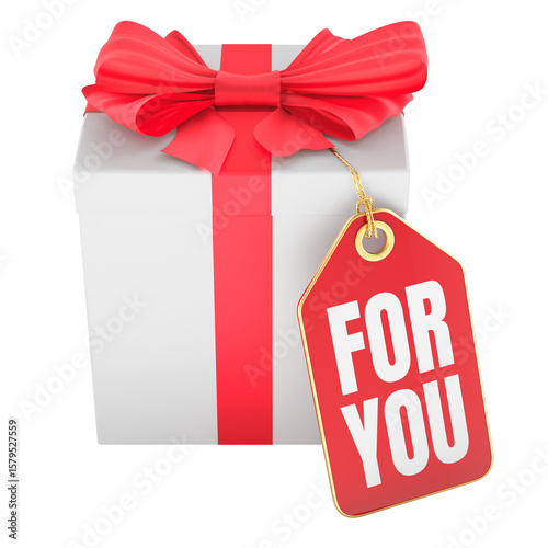 Gift box with red tag FOR YOU. 3D rendering isolated on transparent background