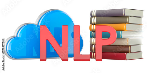 NLP natural language processing concept with cloud and books. 3D rendering isolated on transparent background