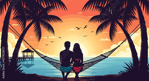 Adobe illustrator vector flat style illustration of a romantic couple silhouetted in a hammock between palm trees, tropical beach sunset over the ocean, perfect for summer romance and vacation vibes