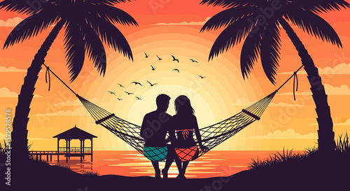 Adobe illustrator vector flat style illustration of a romantic couple silhouetted in a hammock between palm trees, tropical beach sunset over the ocean, perfect for summer romance and vacation vibes