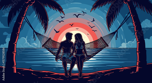 Adobe illustrator vector flat style illustration of a romantic couple silhouetted in a hammock between palm trees, tropical beach sunset over the ocean, perfect for summer romance and vacation vibes