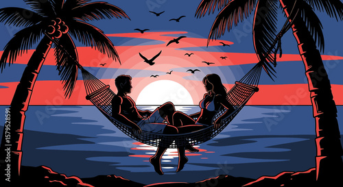 Adobe illustrator vector flat style illustration of a romantic couple silhouetted in a hammock between palm trees, tropical beach sunset over the ocean, perfect for summer romance and vacation vibes