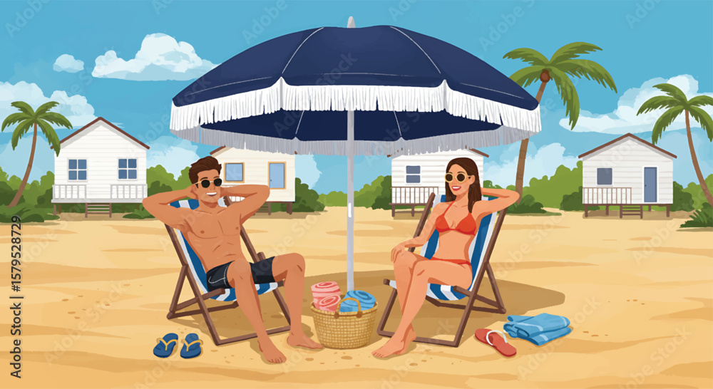 Fototapeta premium adobe illustrator vector flat style illustration of a romantic couple relaxing in beach chairs under a large umbrella on a sunny summer day, with a scenic coastal town and the ocean in the backgroud