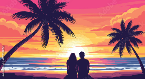Adobe illustrator vector flat style illustration of a romantic couple sitting on a tropical beach, silhouetted against a sunset sky with palm trees, enjoying a peaceful summer evening by the ocean