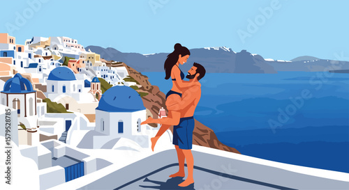 Adobe illustrator vector flat style illustration of a romantic couple admiring the stunning views of Santorini's iconic architecture and the Aegean Sea, perfect for summer travel and holiday themes