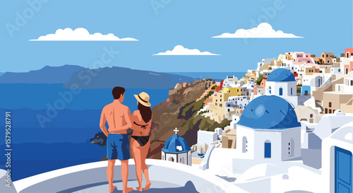 Adobe illustrator vector flat style illustration of a romantic couple admiring the stunning views of Santorini's iconic architecture and the Aegean Sea, perfect for summer travel and holiday themes