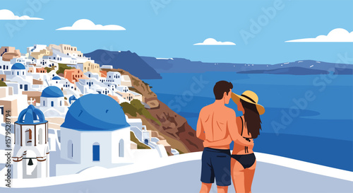 Adobe illustrator vector flat style illustration of a romantic couple admiring the stunning views of Santorini's iconic architecture and the Aegean Sea, perfect for summer travel and holiday themes