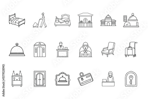 Hotel Service Outline Icons Bundle: Bed Porter Balcony Building Bellhop Chair Luggage Cart Receptionist