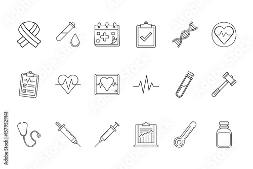 Medical icons set including ribbon test tube calendar clipboard D N A heart stethoscope syringe
