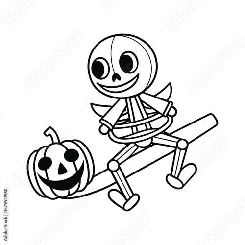 A Halloween skeleton riding a seesaw with a pumpkin kids coloring book Vector illustration
