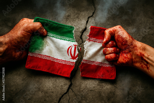 Two bloodied hands tear the Iranian flag apart on cracked concrete, symbolizing the nation’s inner conflict and brutal division.