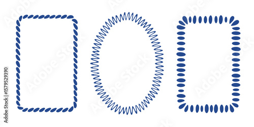Set of decorative hand-drawn frames in a nautical and abstract style. Border collection with rope braid, dashed line, and oval bead patterns for creative projects, isolated on white background, vector
