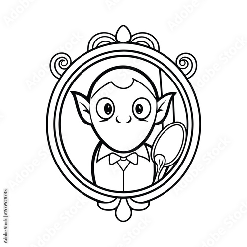 A Halloween vampire brushing fangs in a cobwebbed mirror kids coloring book Vector illustration