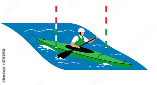 Canoe slalom. Kayaker navigating through obstacles on blue water river  