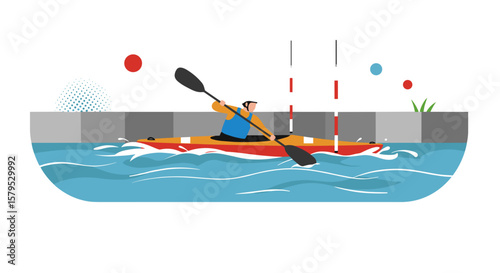 Canoe slalom. Man kayaking in a river while navigating through obstacles  