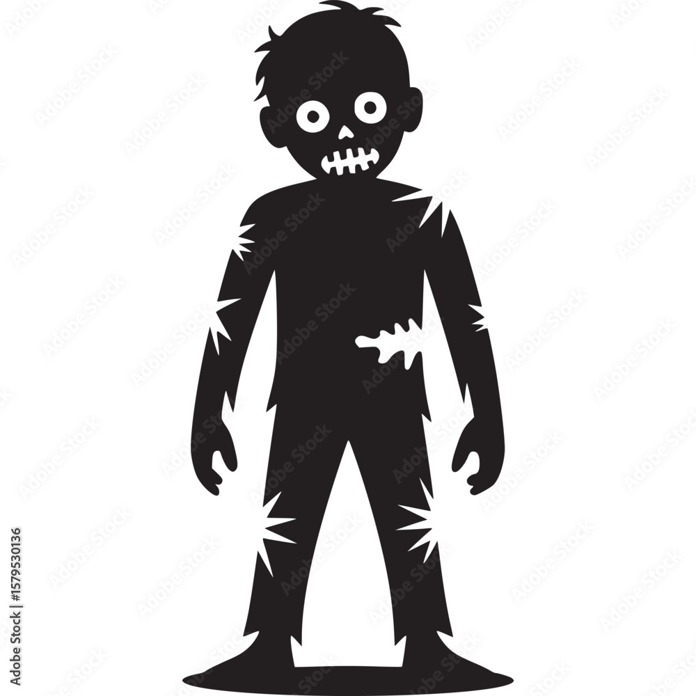 Black silhouette of a zombie boy with visible bones standing on a white background illustration on transparent background Black silhouette of a zombie boy with visible bones standing on a white background illustration on transparent background