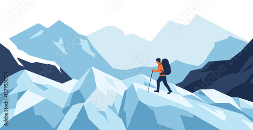 Glacier hiking. Mountain climber walking on snowy peak in winter landscape  