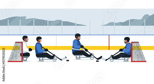 Para ice hockey. Adaptive hockey players practicing on ice rink with goals  