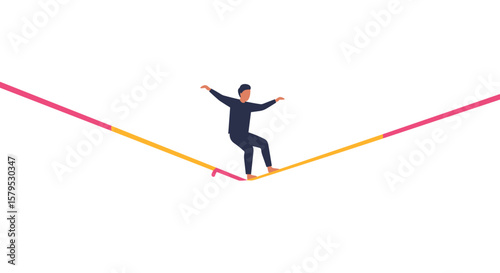 Slacklining. Person balancing on tightrope with arms outstretched in colorful style  