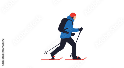 Snowshoeing. Male skier trekking on snow with backpack and poles in winter  