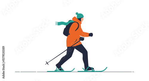 Snowshoeing. Winter sports enthusiast skiing on snow-covered trail in orange coat  