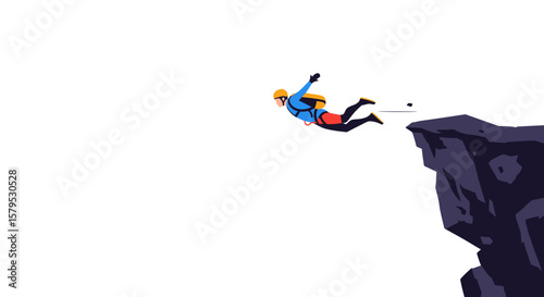 Base jumping. Rock climber jumping off a cliff in a minimalist illustration  