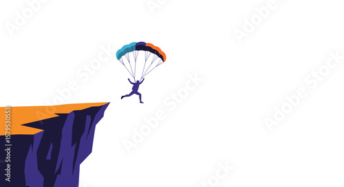 Parachutist jumping from cliff with colorful parachute in mid-air. Base jumping  