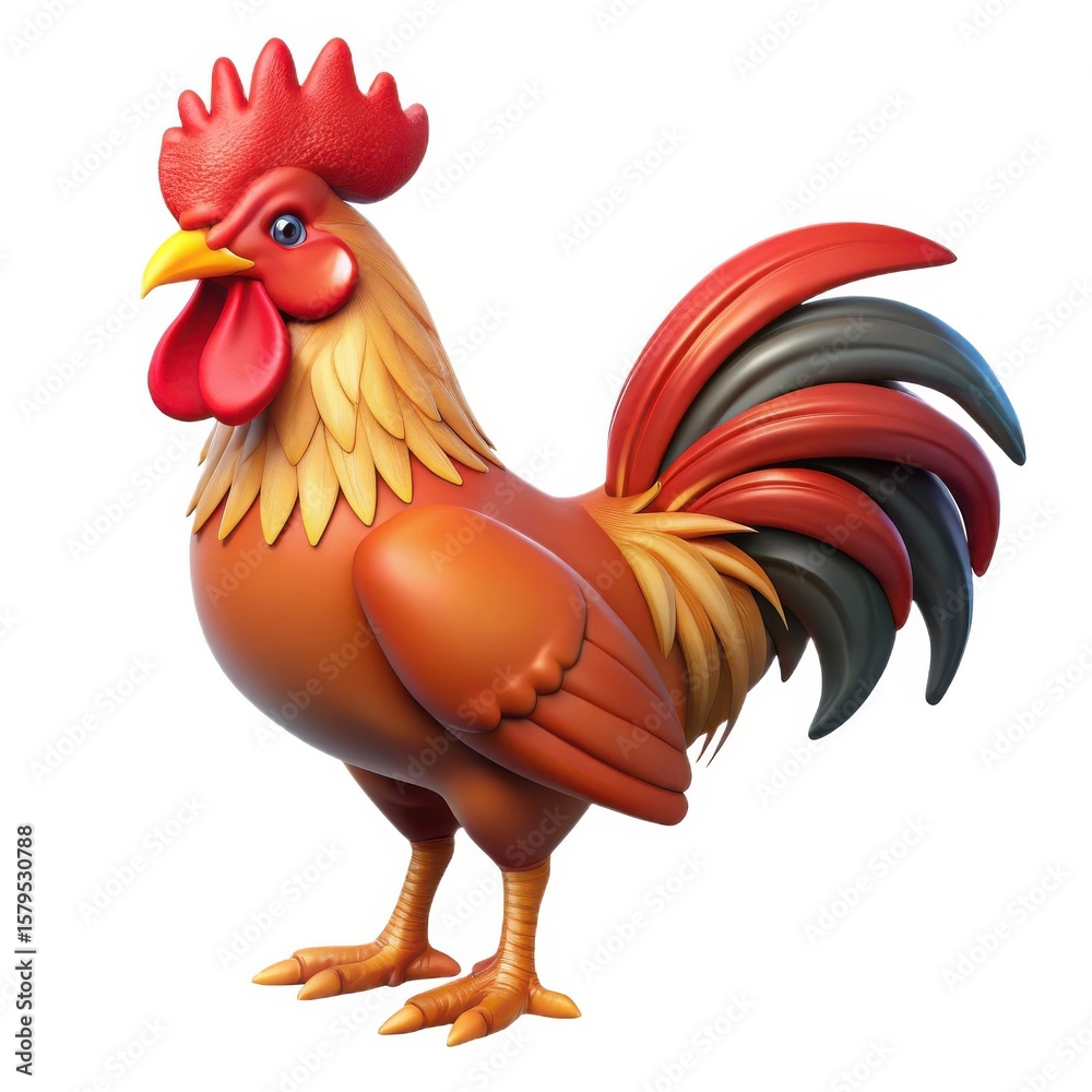 Fototapeta premium Cartoon rooster with red comb and colorful tail feathers isolated on white background