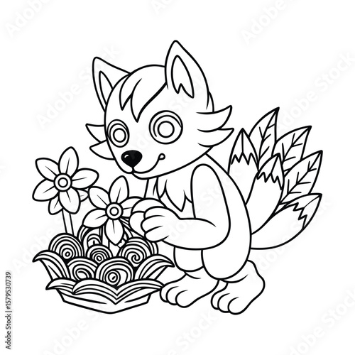 A werewolf planting glowing flowers in Halloween scene kids coloring book Vector illustration