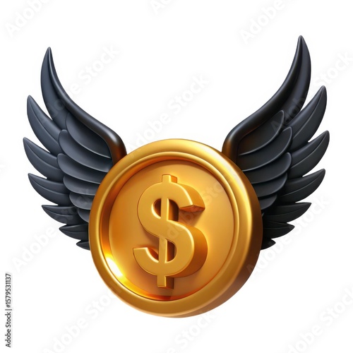 Golden dollar coin with black wings flying isolated on white background