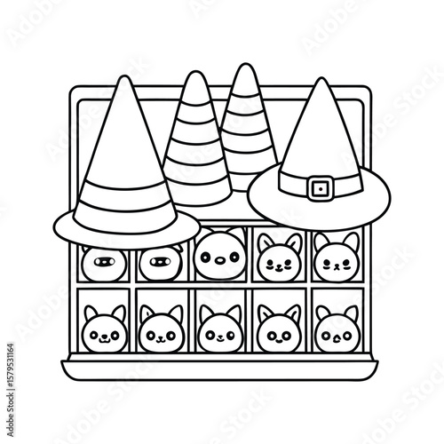 A Halloween witch hat shop with fun spooky styles kids coloring book Vector illustration