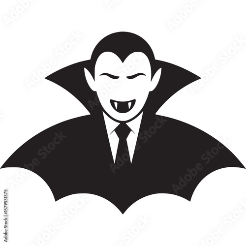 A stylized black and white illustration of a vampire with a bat wing cape and a tie on a light gray background on transparent background