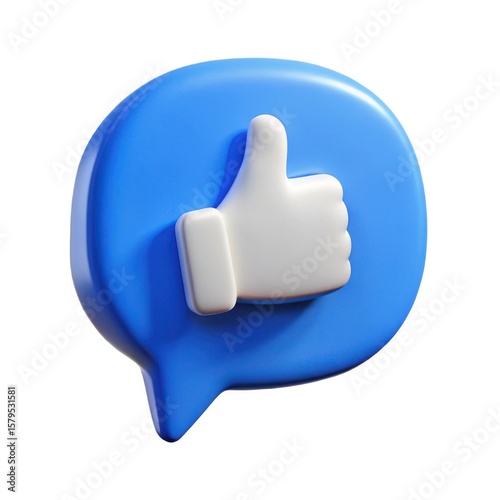 Blue speech bubble with white thumbs up icon isolated on white background