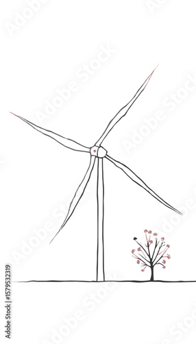 wind turbine beside blossoming tree, symbolizing renewable energy and harmony with nature