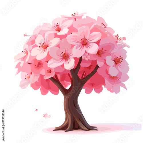 Cartoon cherry blossom tree in full bloom, vibrant pink flowers, spring season
