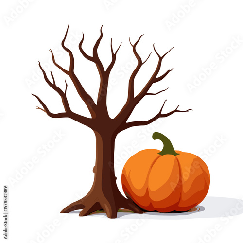 Cartoon dead tree and pumpkin, autumn theme, playful and seasonal elements
