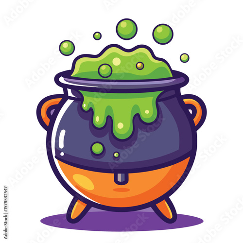 Mystical cauldron cartoon illustration featuring spooky green potion for magical themes.