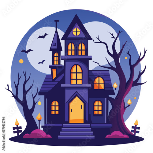 Spooky Halloween Night A haunted house beneath the moonlit sky with bats soaring above against trees , invoking a sense of creepy fun.