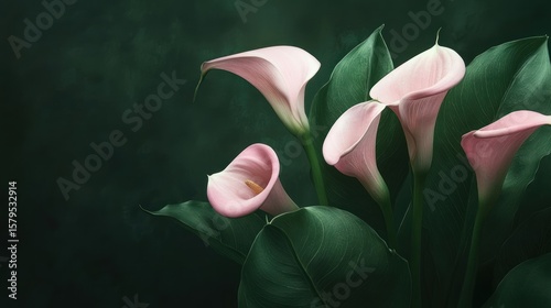 Soft pink calla lilies arranged against a dark green backdrop, exhibiting rich shadows and highlighting the delicate petals and lush foliage