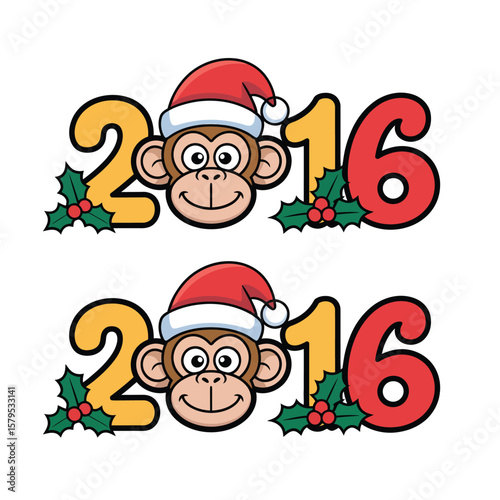 Cute cartoon monkeys wearing santa hats celebrate the year 2016 with holly