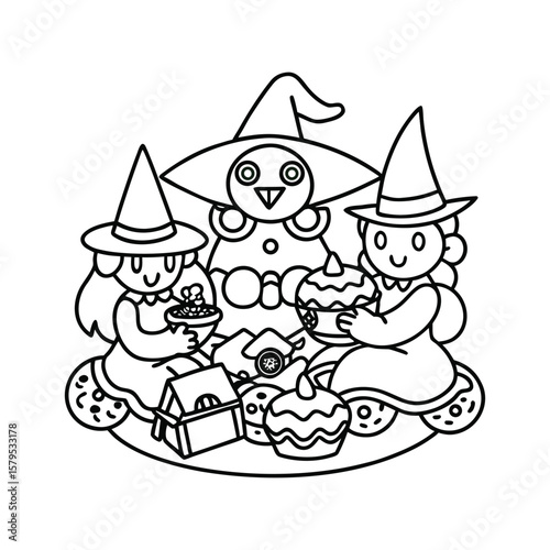 A witch family picnic with bat cookies and spells Halloween kids coloring book Vector illustration
